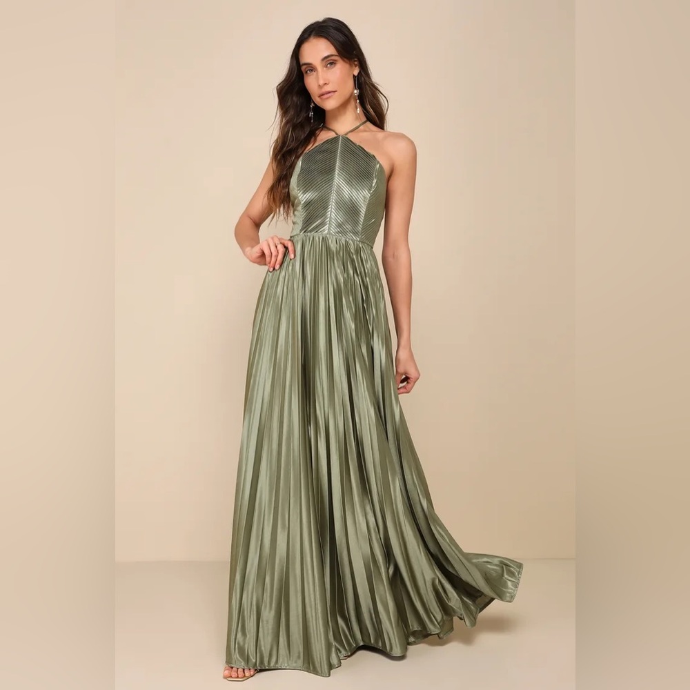 Elaborate Charm Olive Green Satin Pleated Backless Maxi Dress